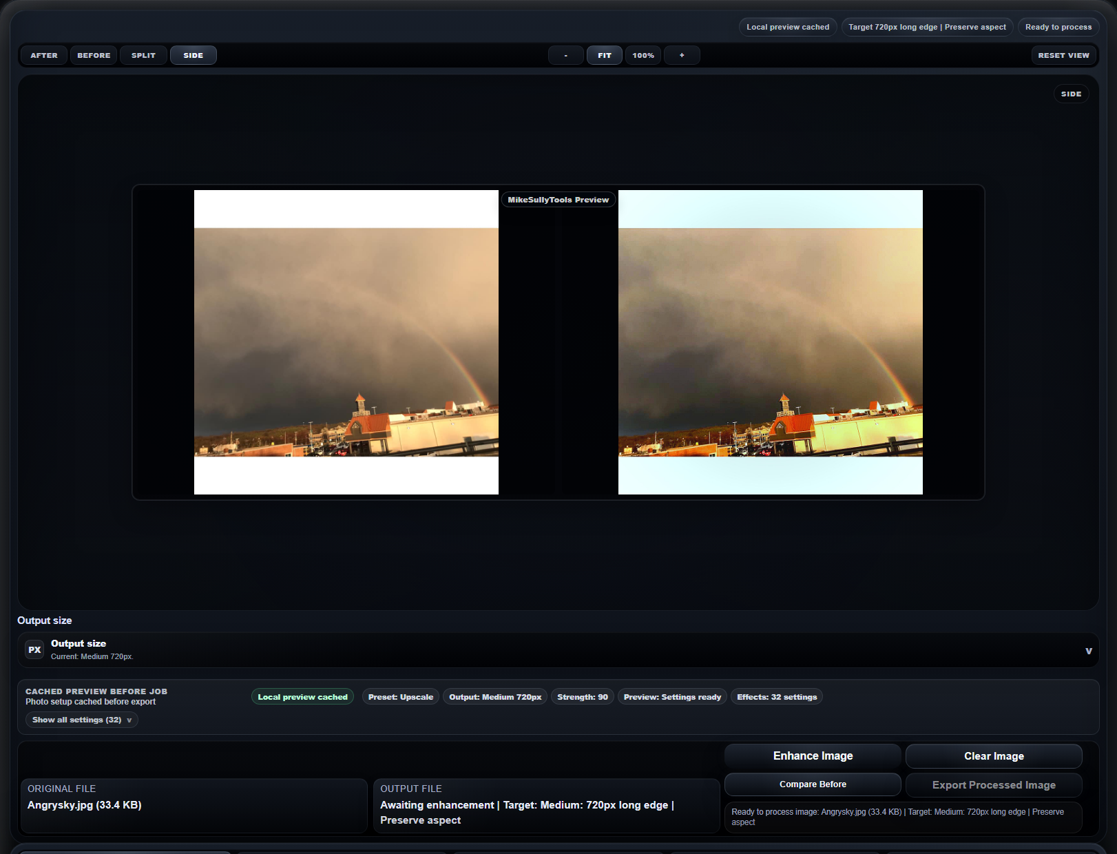 Photo Editing Station side-by-side preview with the original image and cached browser preview