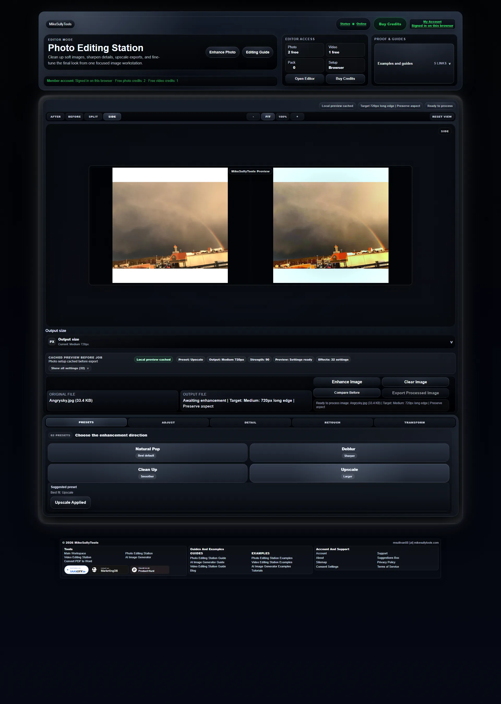 Current Photo Editing Station workspace with preview, output size, files, and preset controls