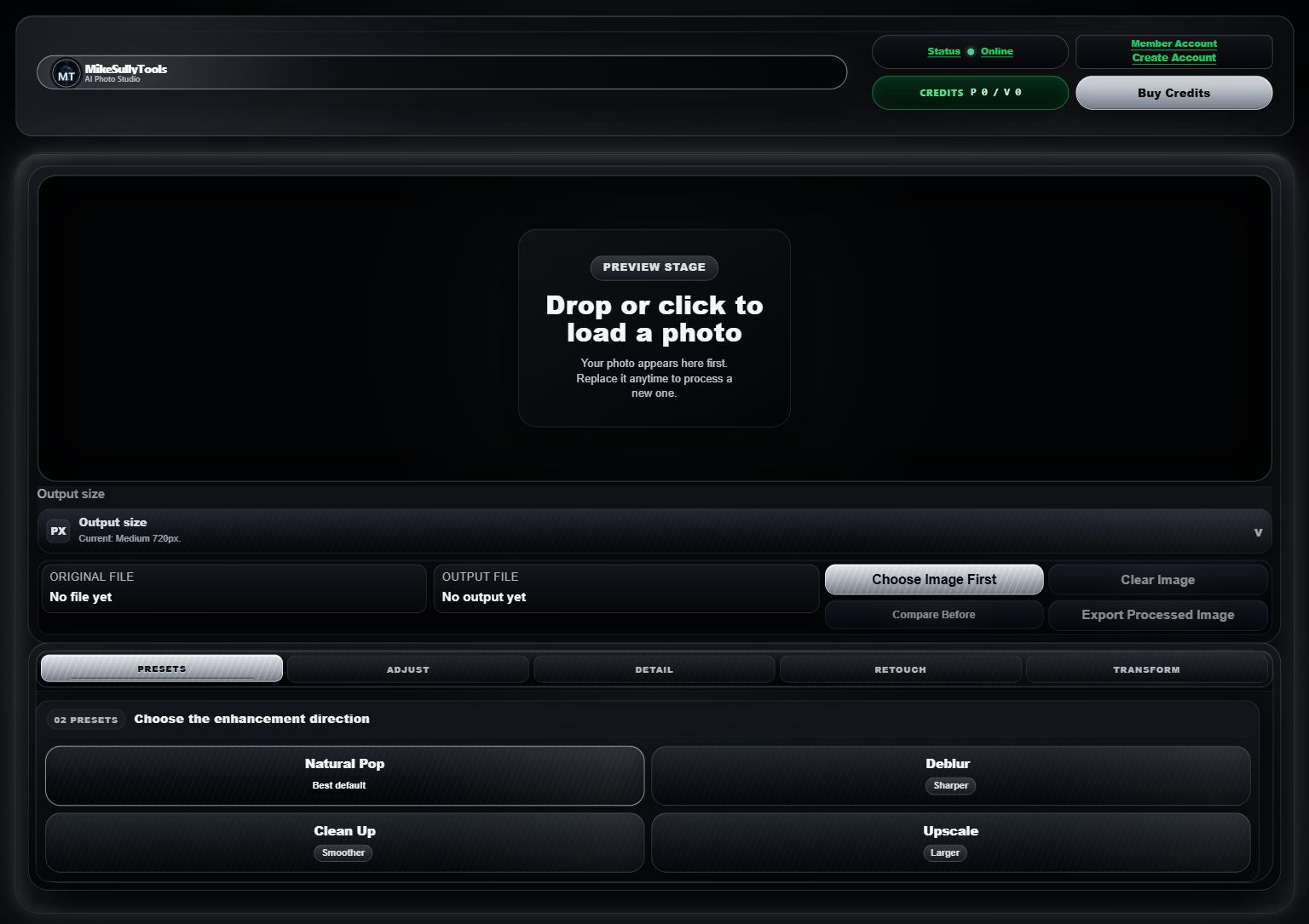 Current AI Photo Studio layout with photo preview area, output controls, and enhancement presets