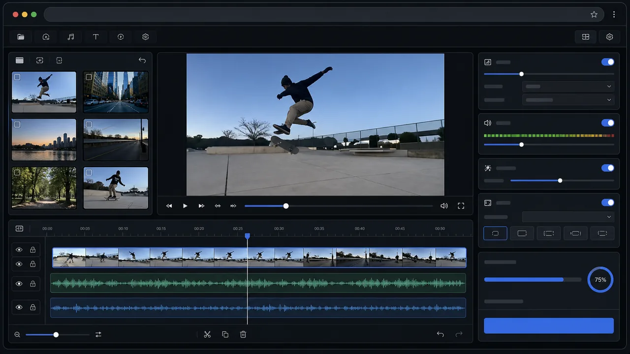 AI Video Studio guide thumbnail showing preview, timeline, audio, and export controls