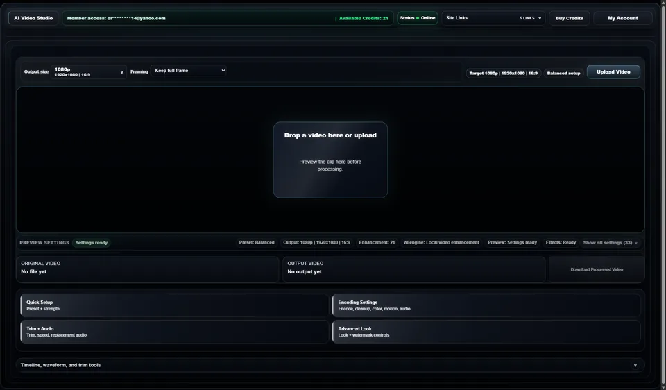 AI Video Studio main workspace with top bar, output controls, upload preview stage, preview settings, result cards, settings buttons, and timeline tools