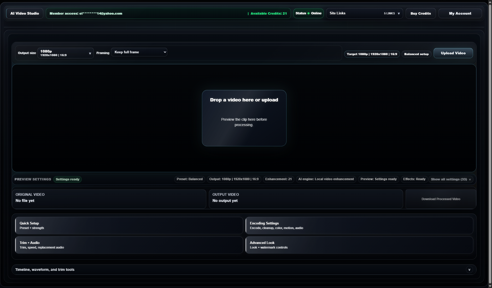 AI Video Studio full workspace showing the recommended top-to-bottom setup flow