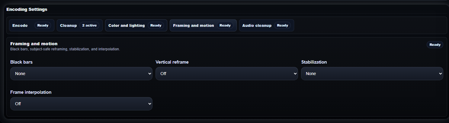 Video framing and motion settings panel in MikeSullyTools