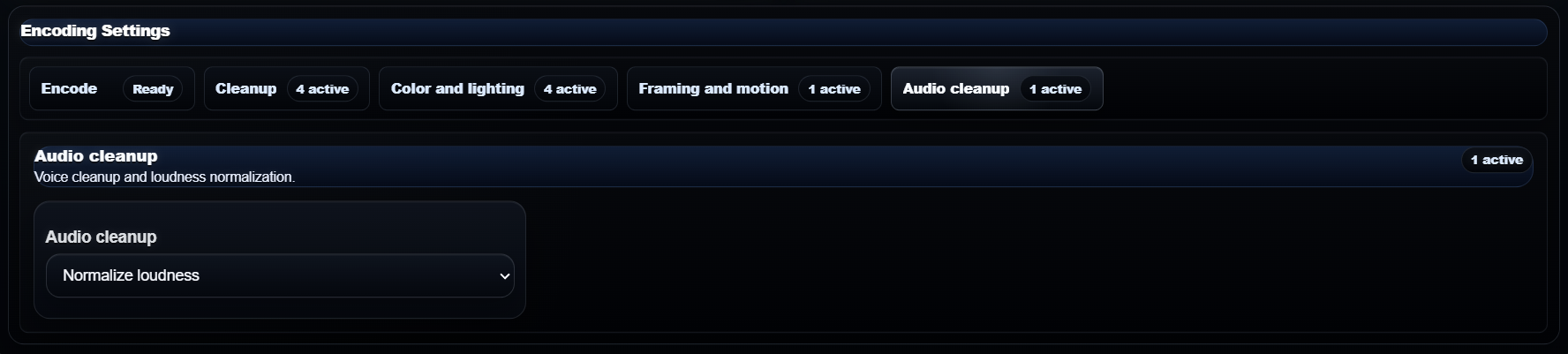 AI Video Studio encoding audio cleanup controls
