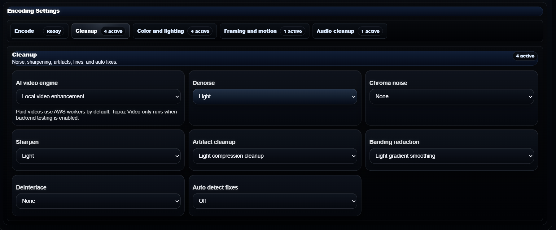 AI Video Studio encoding cleanup controls