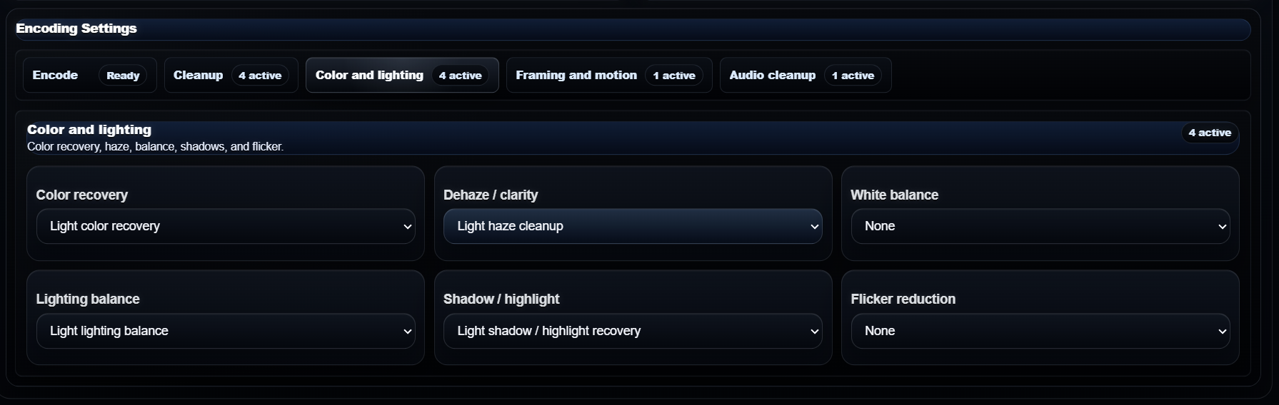 AI Video Studio encoding color and lighting controls