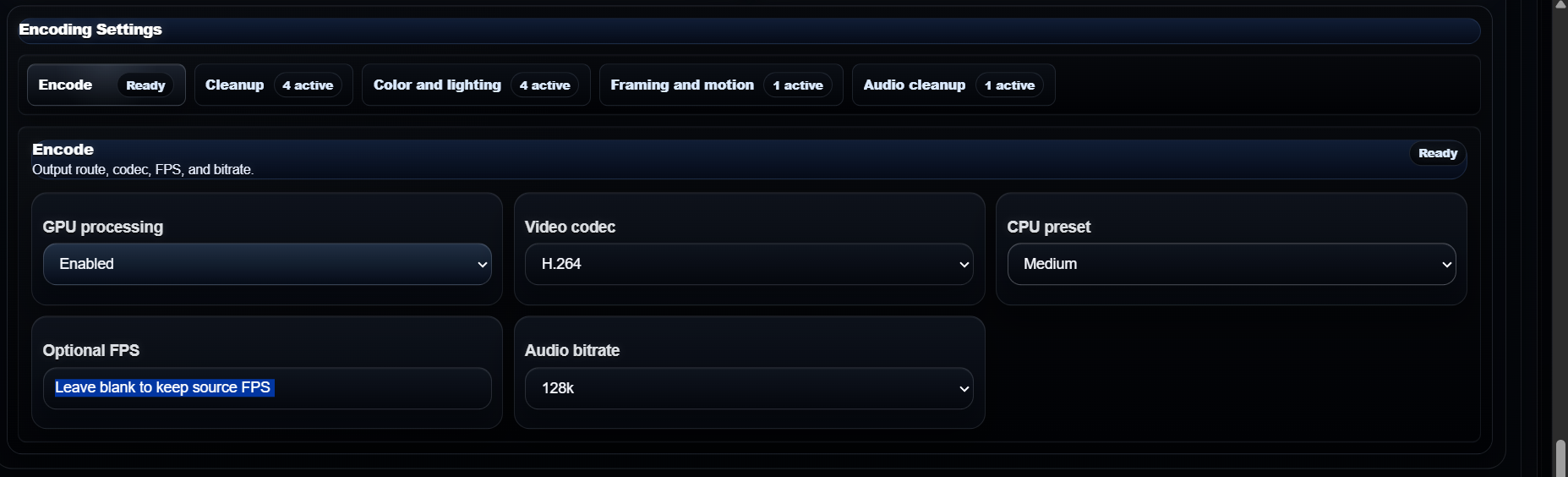 AI Video Studio Encoding Settings encode panel with codec and route controls