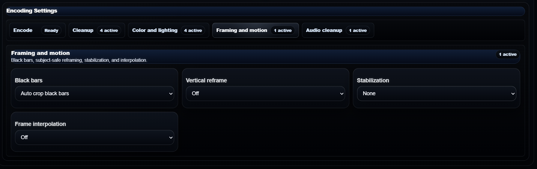 AI Video Studio motion and framing controls inside Encoding Settings