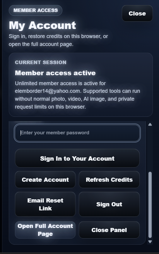 AI Video Studio header with My Account action in the member access area
