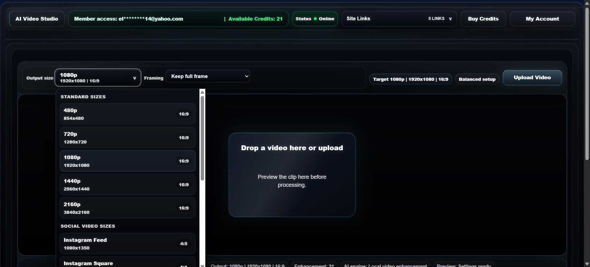 AI Video Studio output size menu open with standard and social video presets