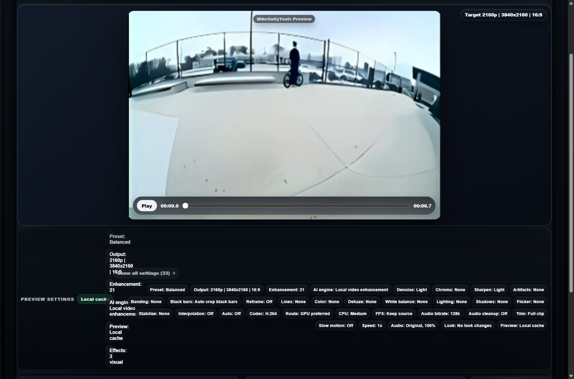 AI Video Studio Preview Settings strip expanded with all queued settings visible
