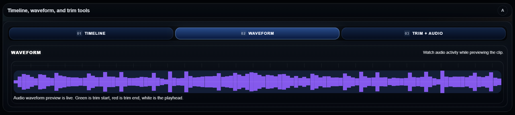 AI Video Studio waveform panel for audio timing review