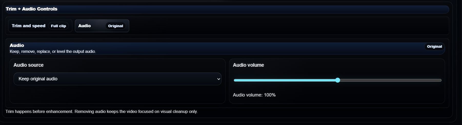 AI Video Studio Trim plus Audio controls for source audio and replacement tracks
