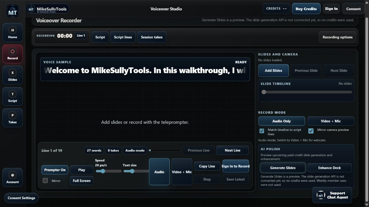 AI Polish preview message confirming that the slide-generation API is not connected and no credits were used