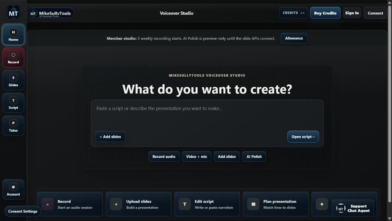Voiceover Studio dashboard with script composer, quick actions, weekly allowance banner, and start cards