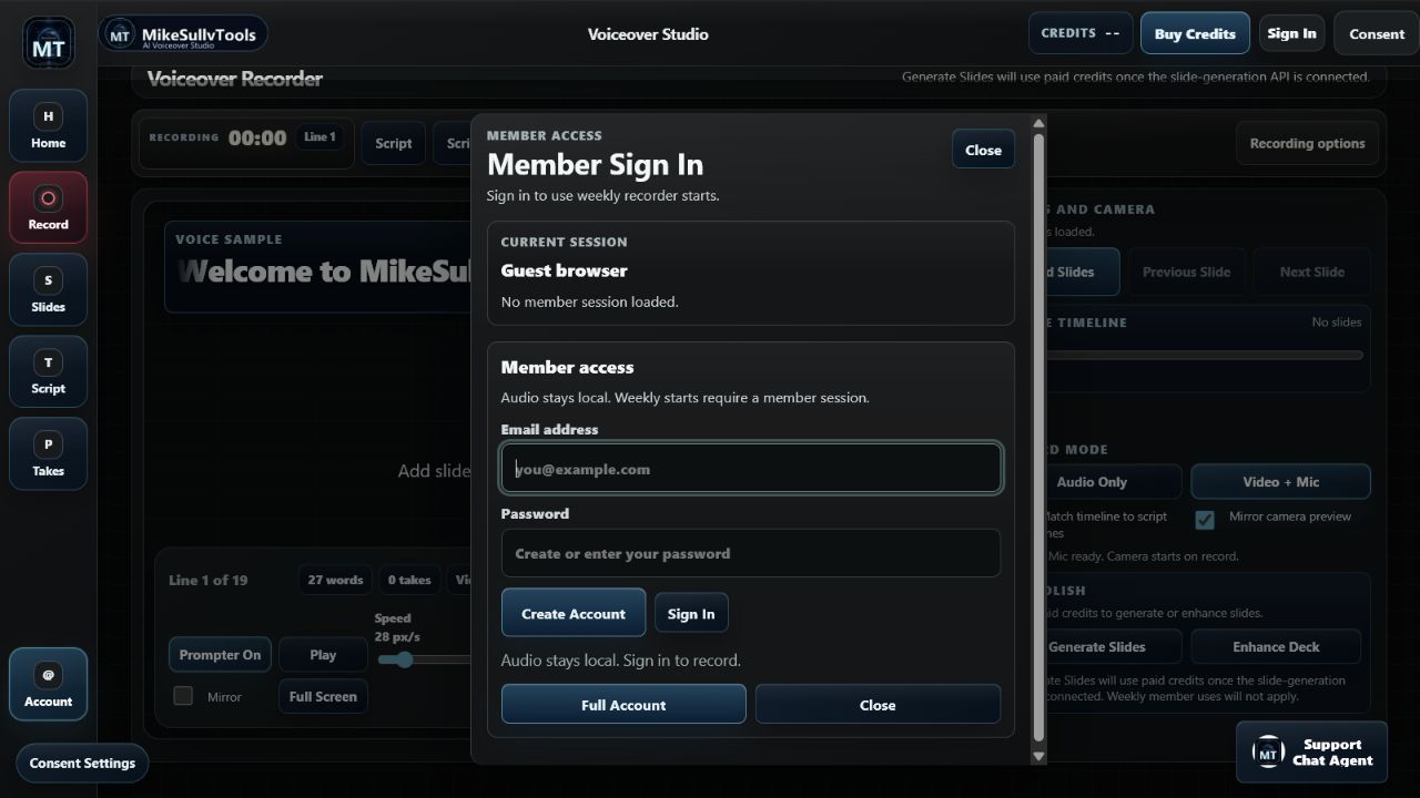 Member Sign In panel with guest session state, email, password, Create Account, Sign In, and Full Account controls
