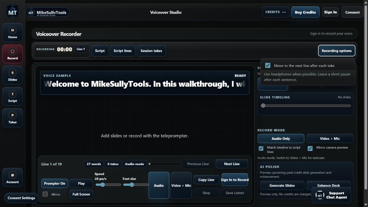 Recording Options popover showing automatic movement to the next line and headset guidance