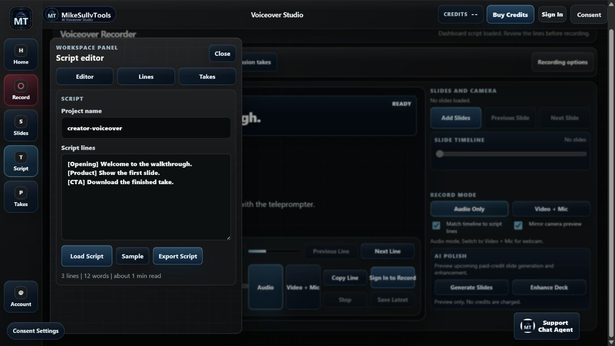Script editor drawer with a three-line formatted script and Load Script, Sample, and Export Script buttons
