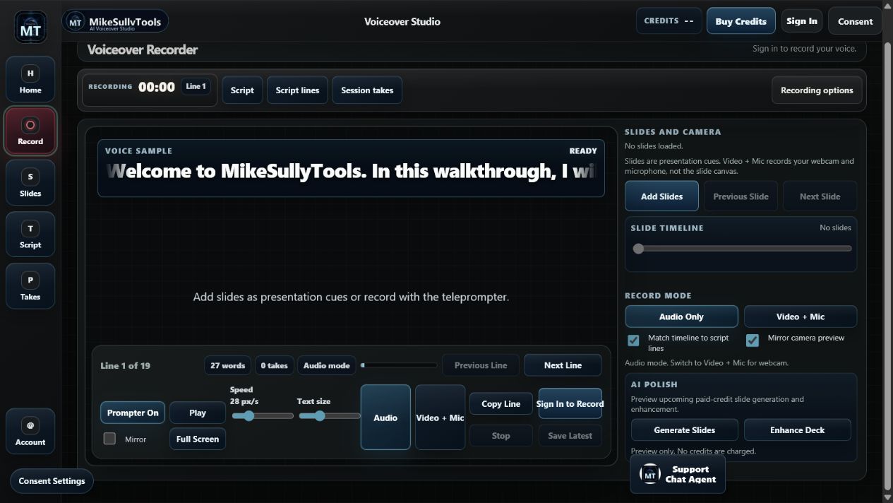 Voiceover Recorder workspace showing the rail, recording strip, teleprompter, line controls, slide cues, recording modes, and AI preview