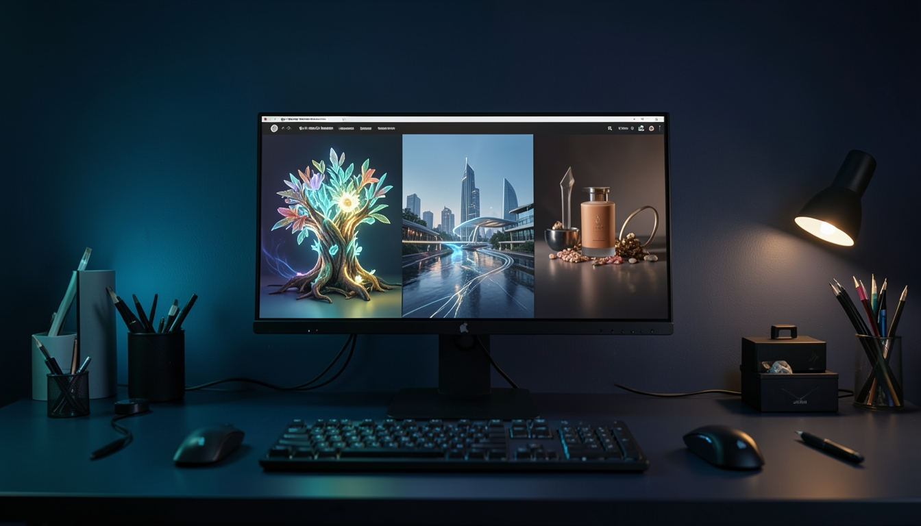 Creative workstation displaying AI image concepts
